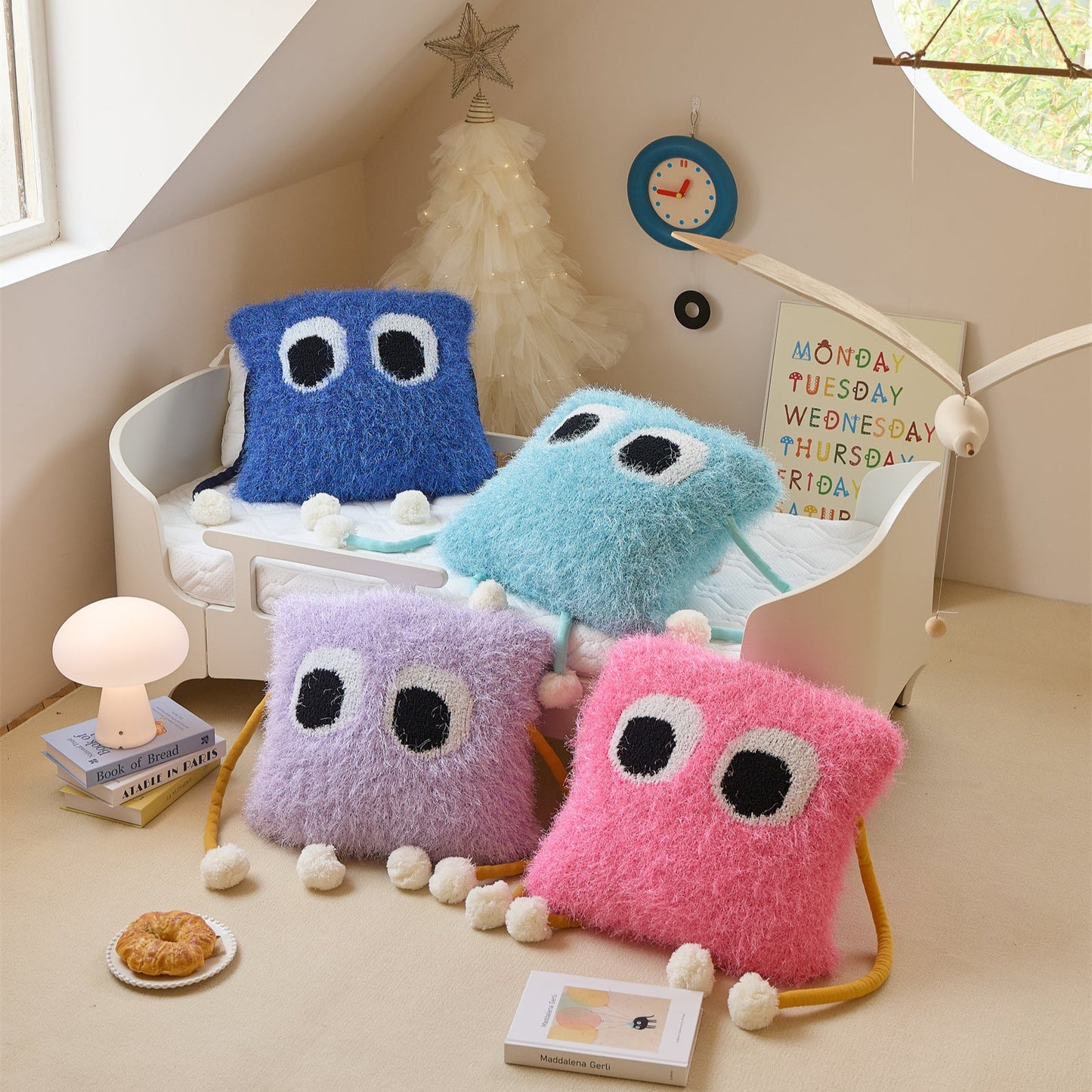 Fuzzy Square Pillow with Cute Big Eyes