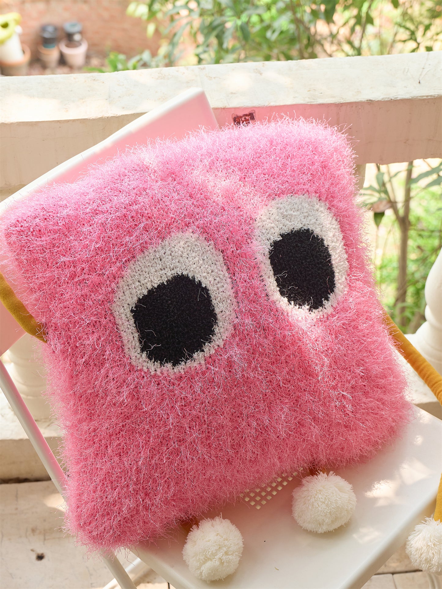 Fuzzy Square Pillow with Cute Big Eyes