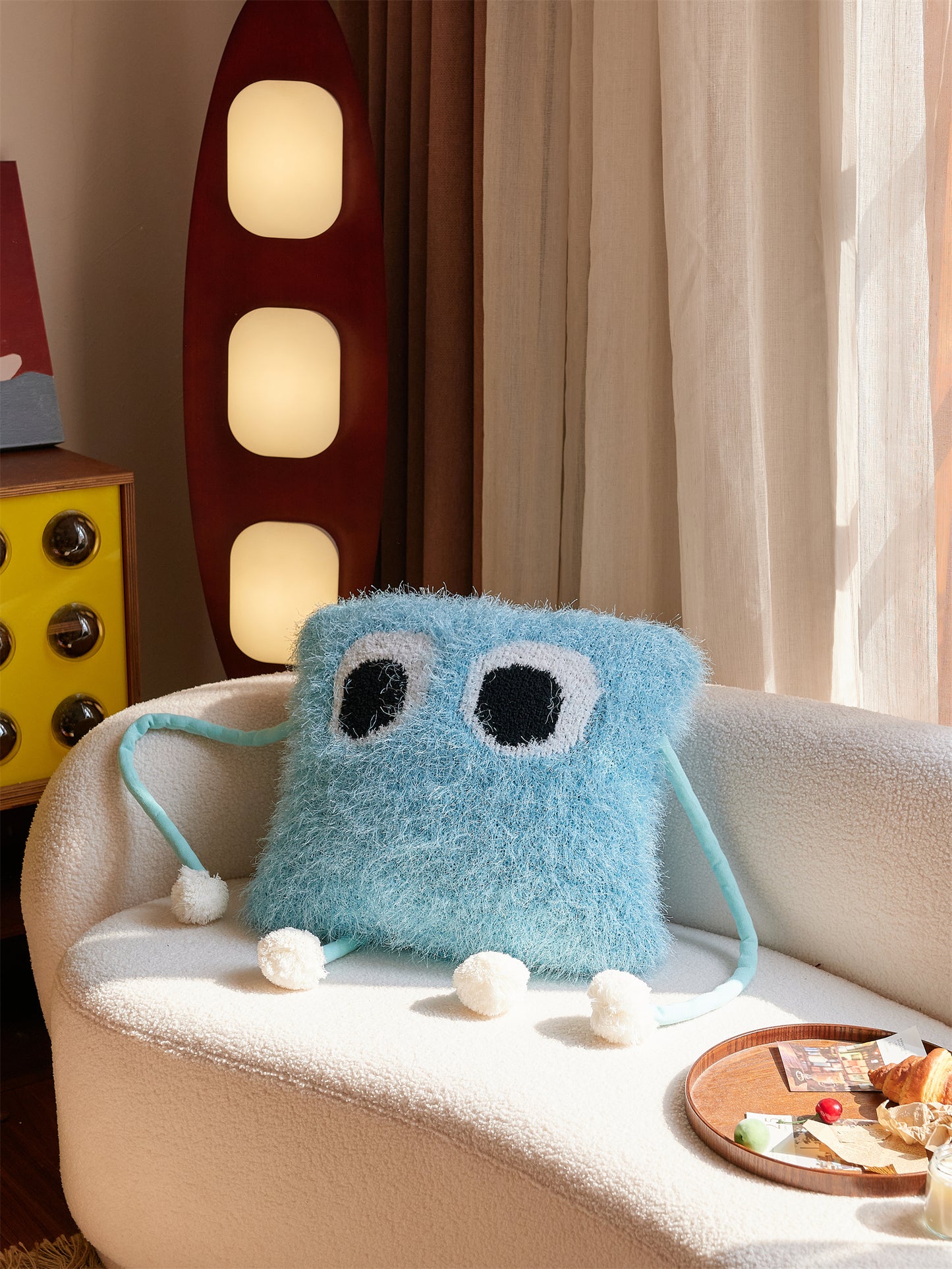 Fuzzy Square Pillow with Cute Big Eyes
