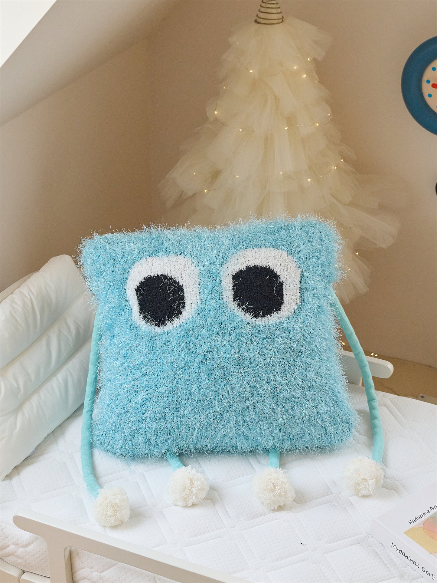 Fuzzy Square Pillow with Cute Big Eyes