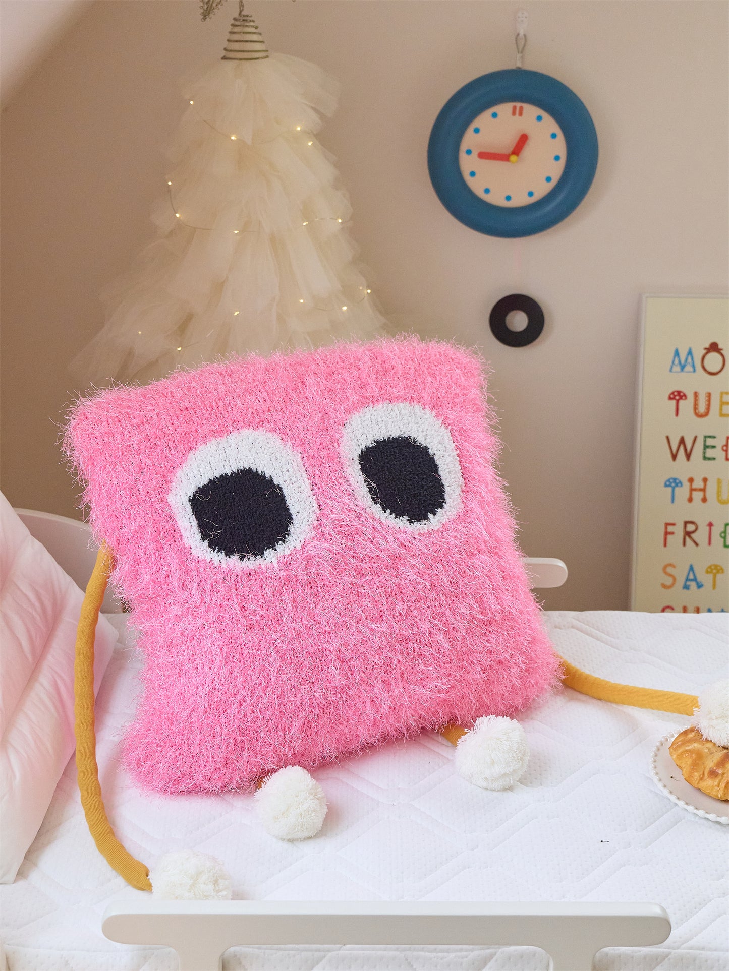 Fuzzy Square Pillow with Cute Big Eyes