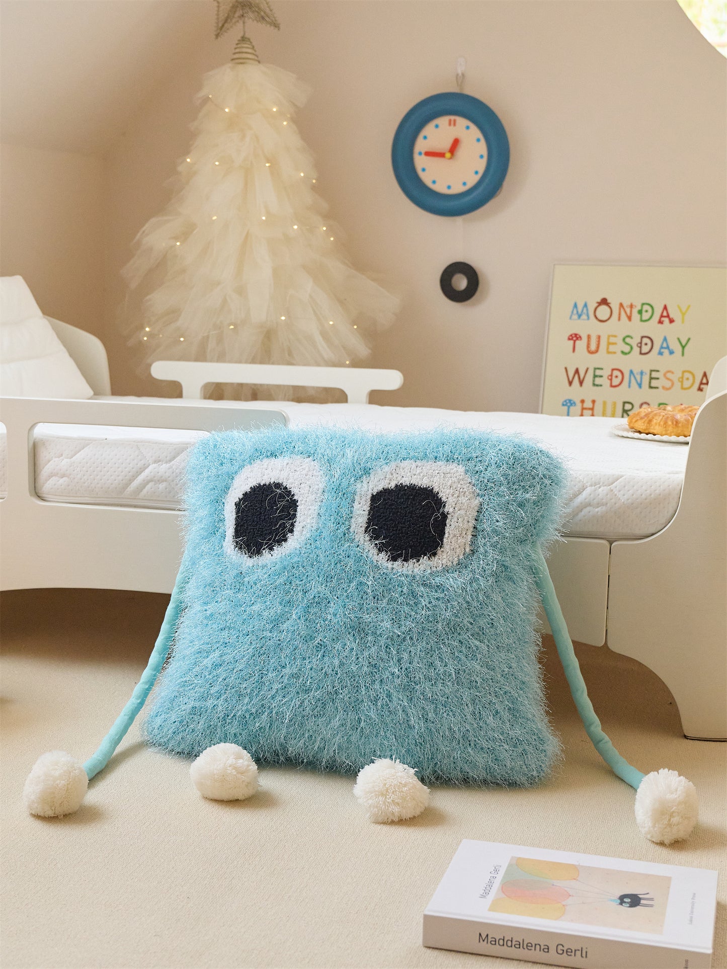 Fuzzy Square Pillow with Cute Big Eyes