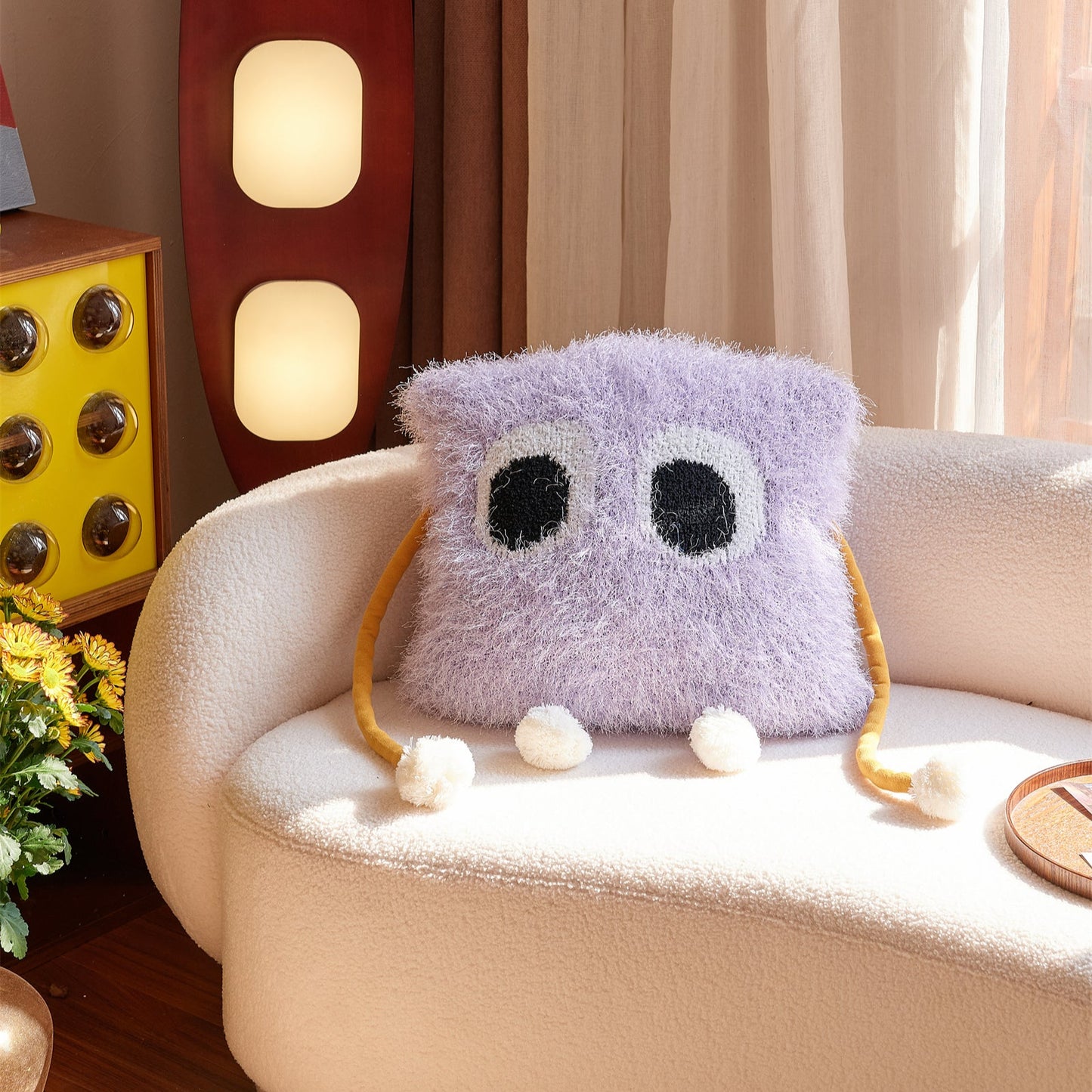 Fuzzy Square Pillow with Cute Big Eyes